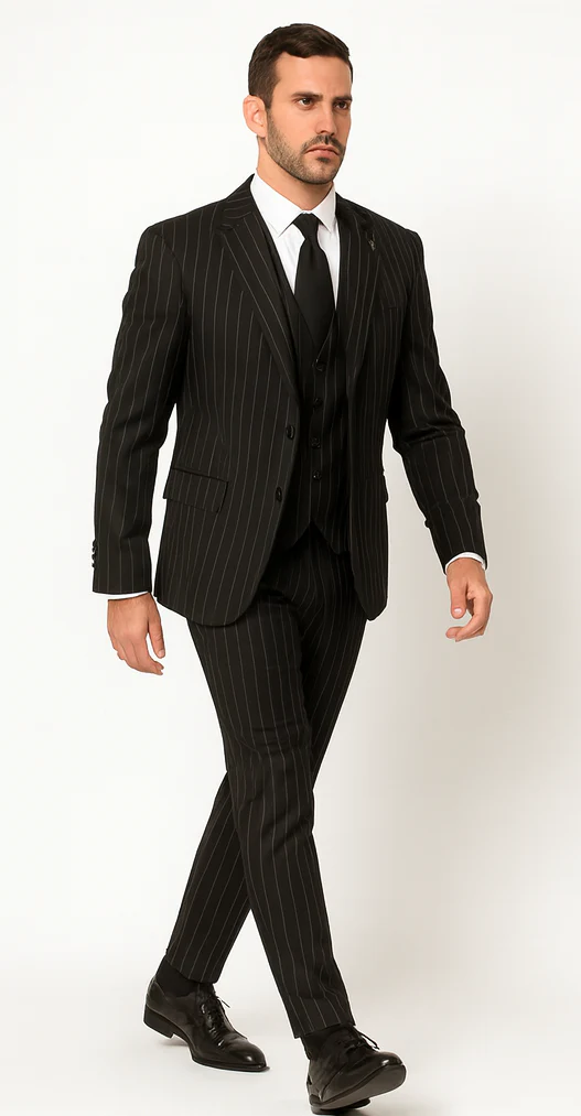 Men'S Black And White Gangster Bold PinStripe Vested 3 Piece Fashion Suit - Image 2