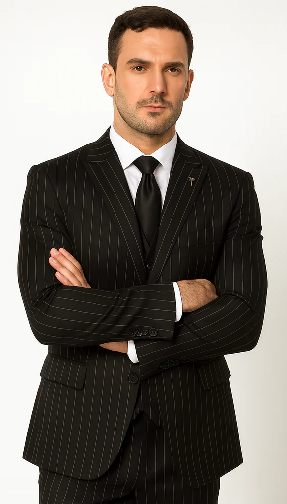 Men'S Black And White Gangster Bold PinStripe Vested 3 Piece Fashion Suit - Image 4