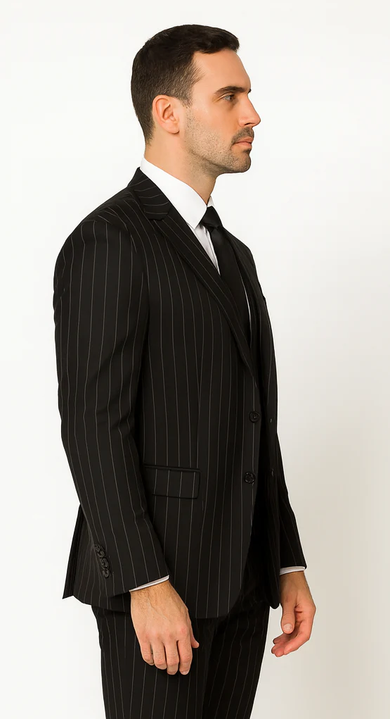 Men'S Black And White Gangster Bold PinStripe Vested 3 Piece Fashion Suit - Image 6