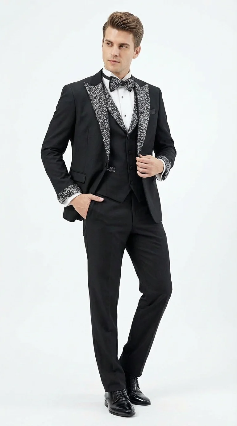 Mens Black and White Lapel Tuxedo Suit – Black Formal Tuxedo with White Pattern Lapel for Wedding, Prom and Evening Events - Image 2