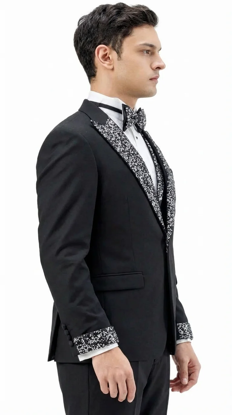Mens Black and White Lapel Tuxedo Suit – Black Formal Tuxedo with White Pattern Lapel for Wedding, Prom and Evening Events - Image 6