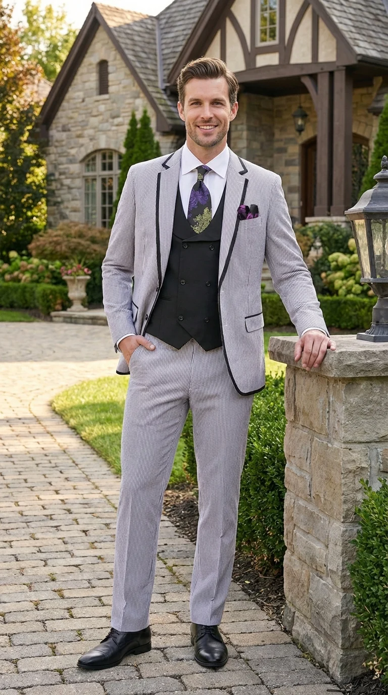 Mens Black and White Pinstripe Wedding Tuxedo Suit – Three Piece Formal Suit Set with Contrast Trim for Groom, Prom - Seersucker Summer Suit - Image 10