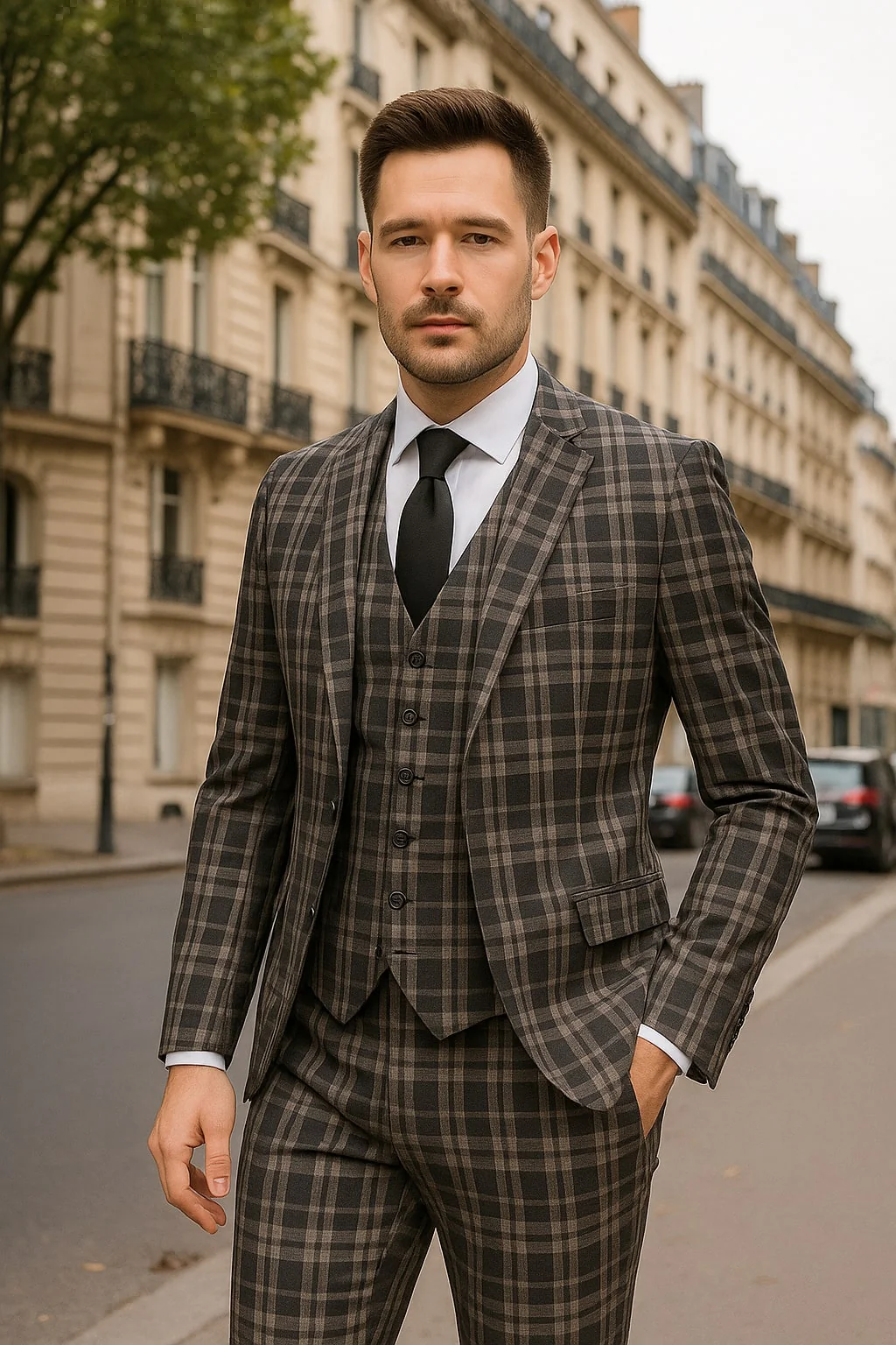 Men's Black and White Plaid Three-Piece Suit β Modern Slim Fit Tuxedo for Church and Business