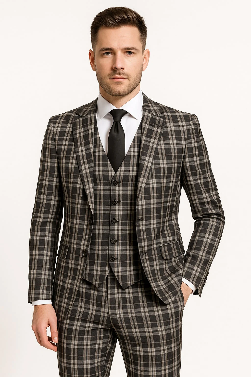 Men's Black and White Plaid Three-Piece Suit β Modern Slim Fit Tuxedo for Church and Business - Image 4