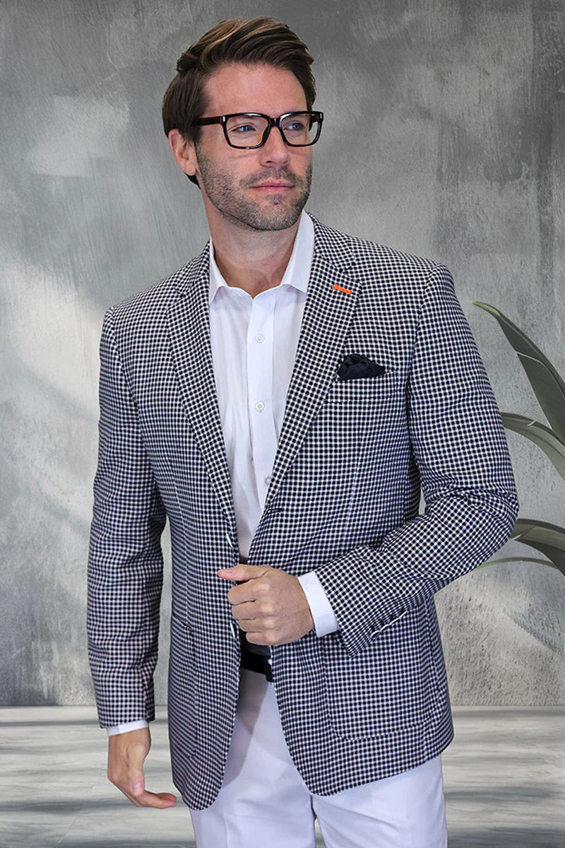 Mens Black Blazer - Men's Modern Fit Patch Pocket Designer Wool Summer Blazer in Black Windowpane