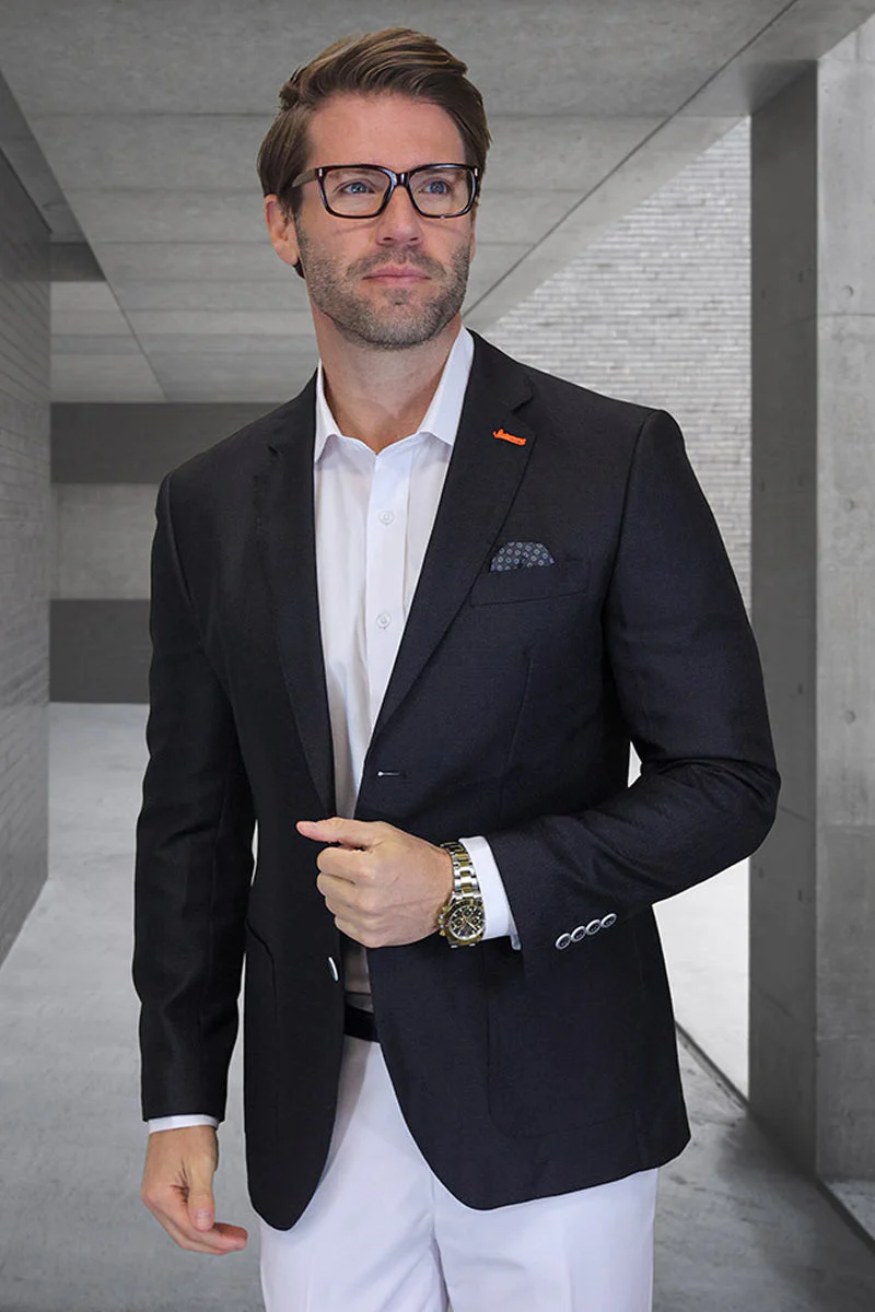 Mens Black Blazer - Men's Modern Fit Patch Pocket Designer Wool Summer Blazer in Black Windowpane Check