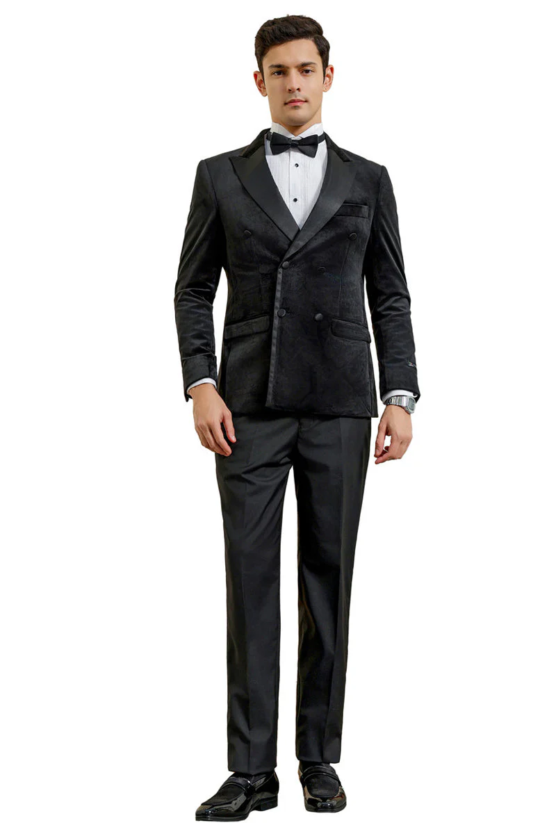Mens Black Blazer - Men's Velvet Double Breasted Wedding & Prom Tuxedo Jacket in Black - Image 2