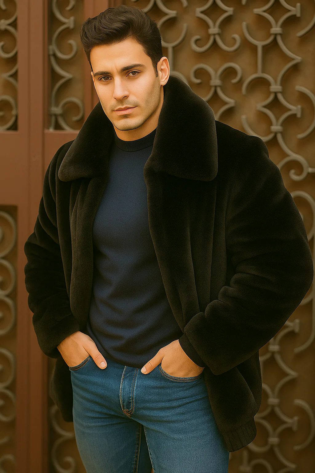 Men's Black Faux Fur Overcoat – Fuzzy Warm Winter Jacket Style - Image 4