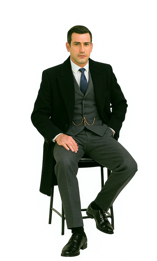 Men's Black Full-length Sleeves Buttoned Closure Peaky Blinders Suit - Peaky Blinders Outfit + Overcoat + Hat (Peaky Blinders Custome) - Image 3