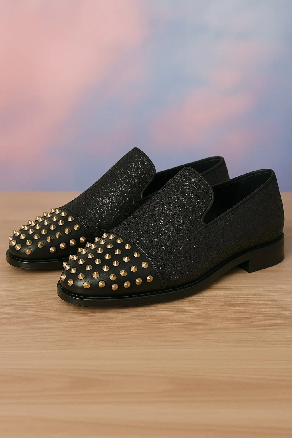 Men's Black Glitter Loafers with Spike Studded Toe – Designer Slip-On Dress Shoes for Parties and Events - Image 4