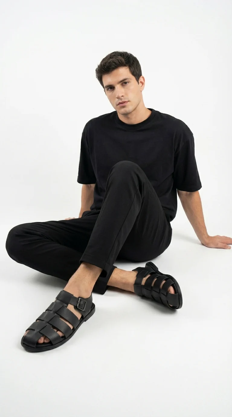 Mens Black Leather Sandals – Buckle Strap Casual Summer Shoes Breathable Open Toe Comfort Footwear - Image 8