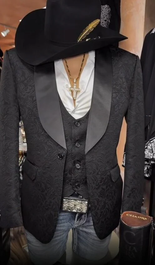 Mens Black Paisley Jacquard Blazer with Satin Shawl Lapel – Western Formal Designer Jacket - Image 2