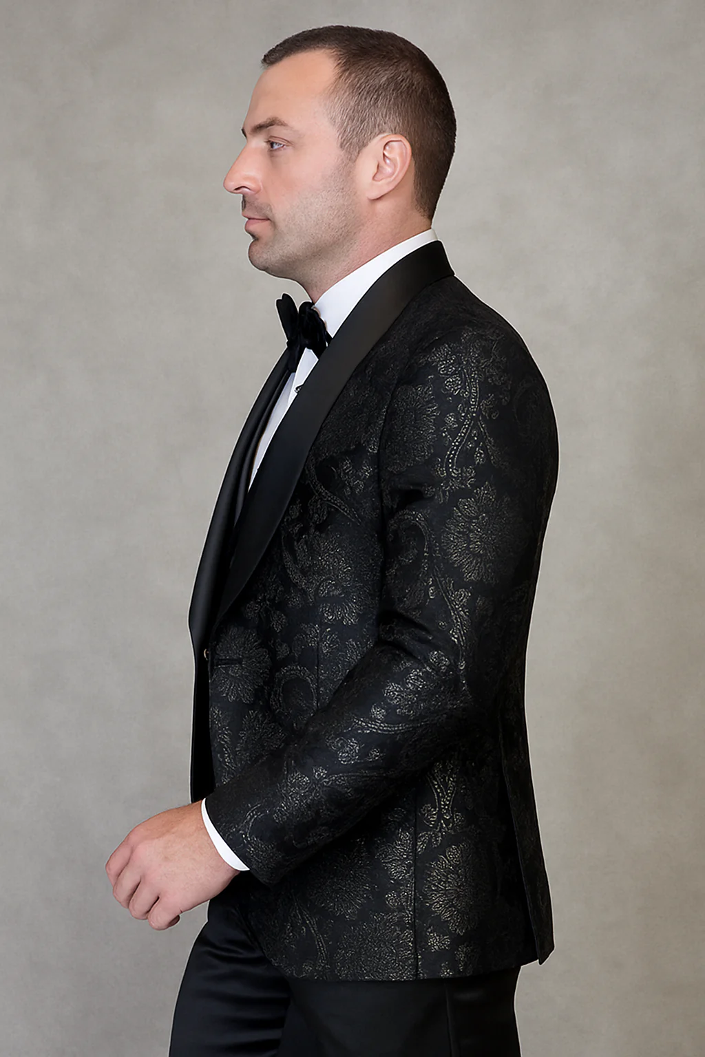Men's black paisley lace print vested tuxedo for prom & wedding with satin lapel and bowtie - Image 2