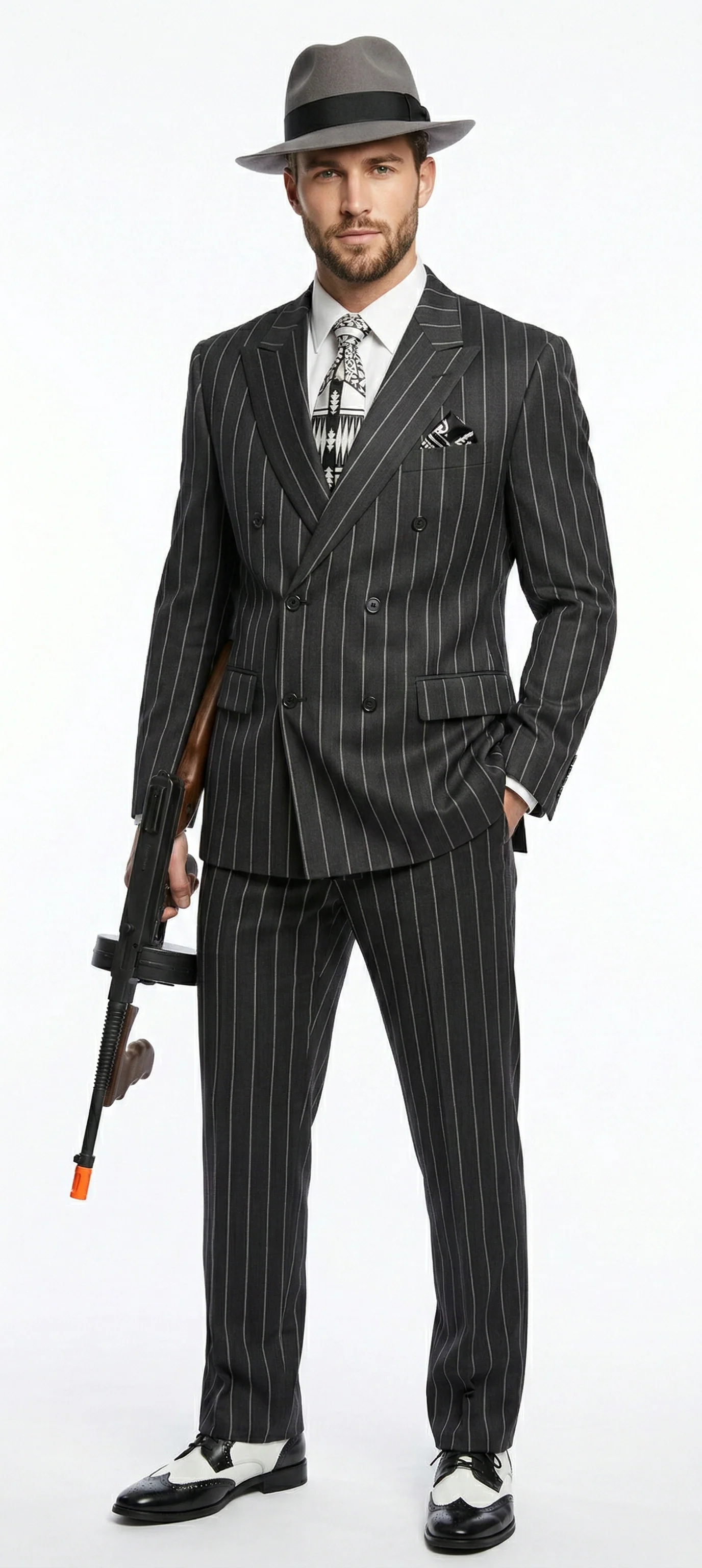 Mens Black Pinstripe AI Capone Suit β Vintage 1920s Gangster Style Two Piece Formal Suit