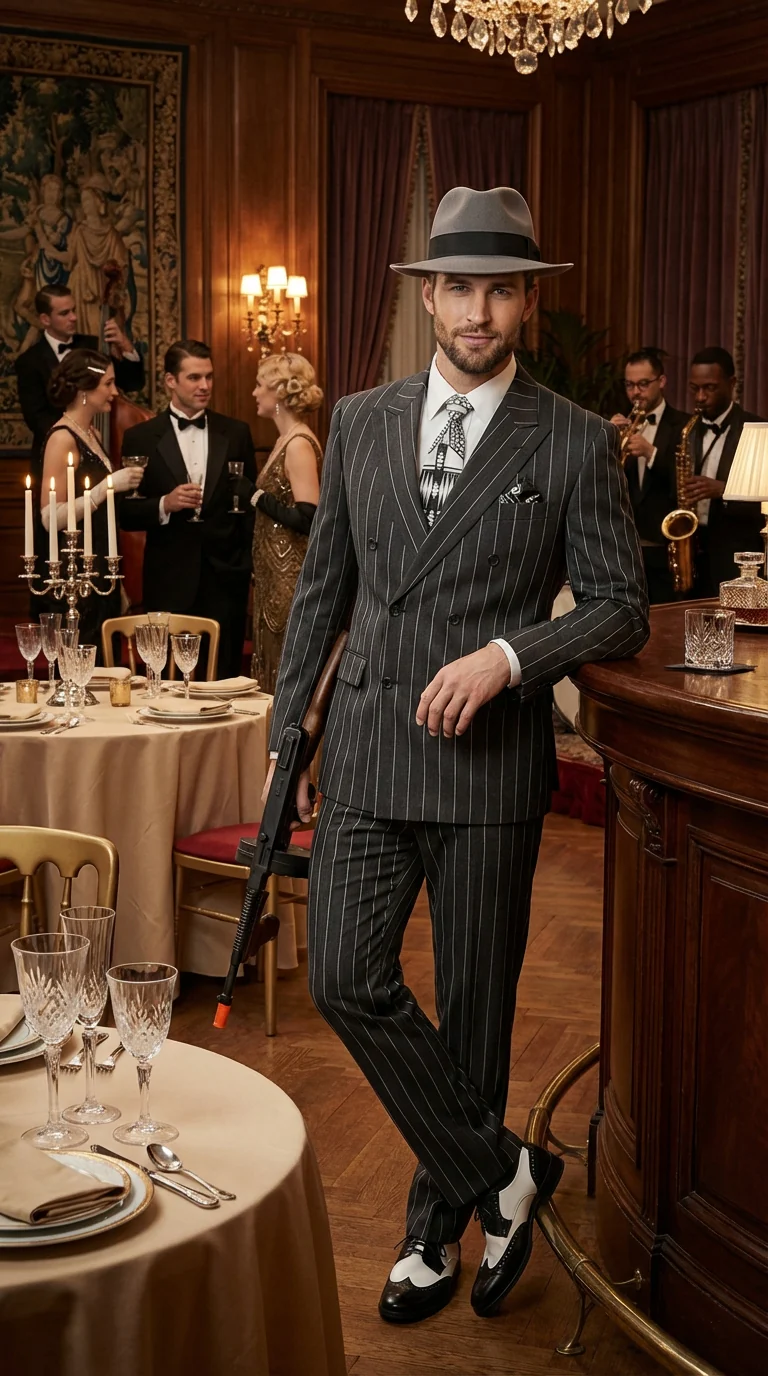 Mens Black Pinstripe AI Capone Suit β Vintage 1920s Gangster Style Two Piece Formal Suit - Image 14