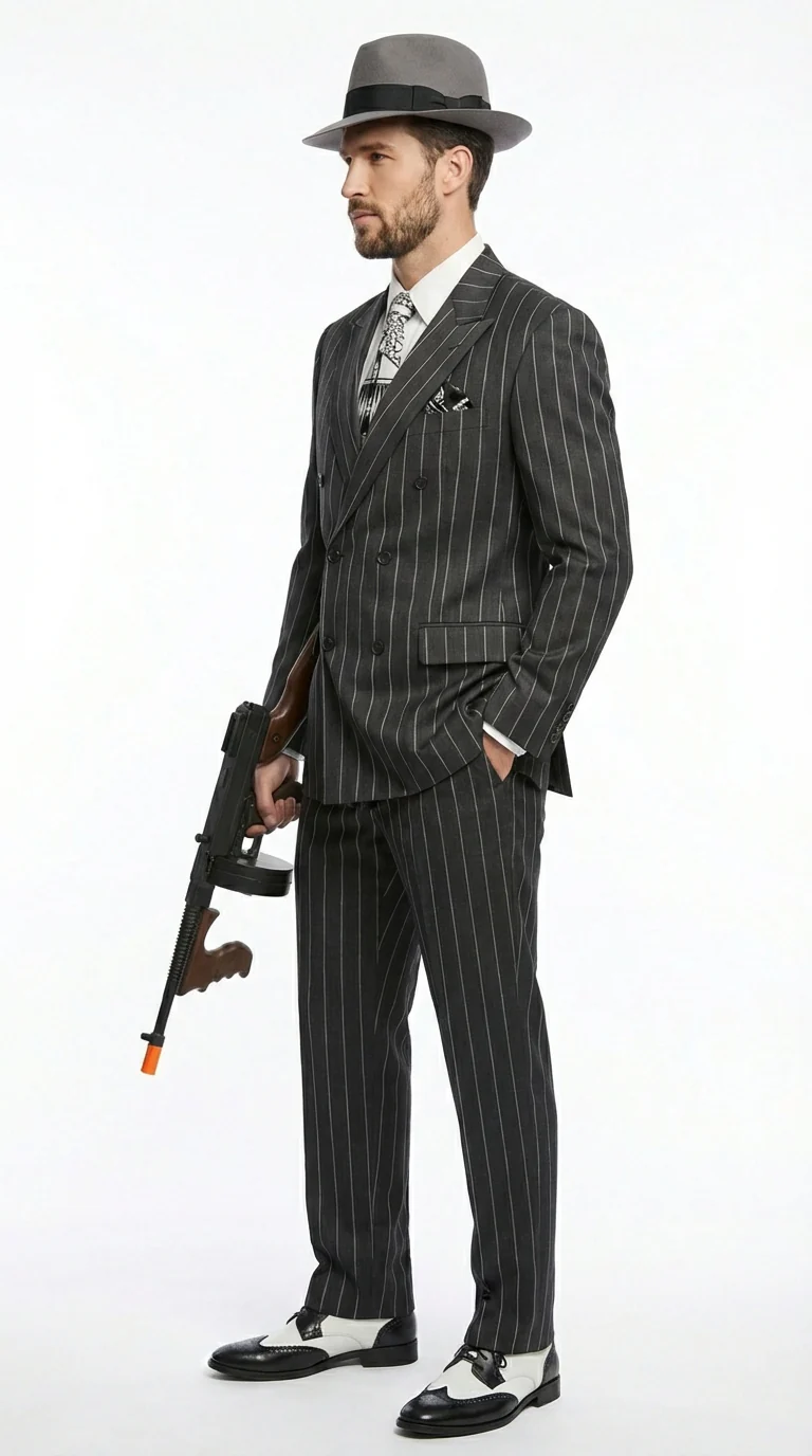 Mens Black Pinstripe AI Capone Suit β Vintage 1920s Gangster Style Two Piece Formal Suit - Image 2