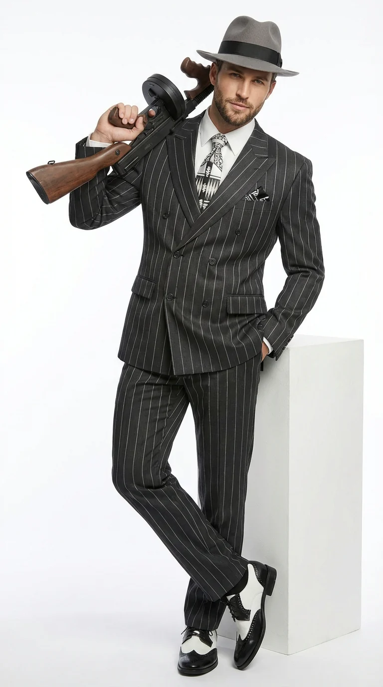 Mens Black Pinstripe AI Capone Suit β Vintage 1920s Gangster Style Two Piece Formal Suit - Image 5