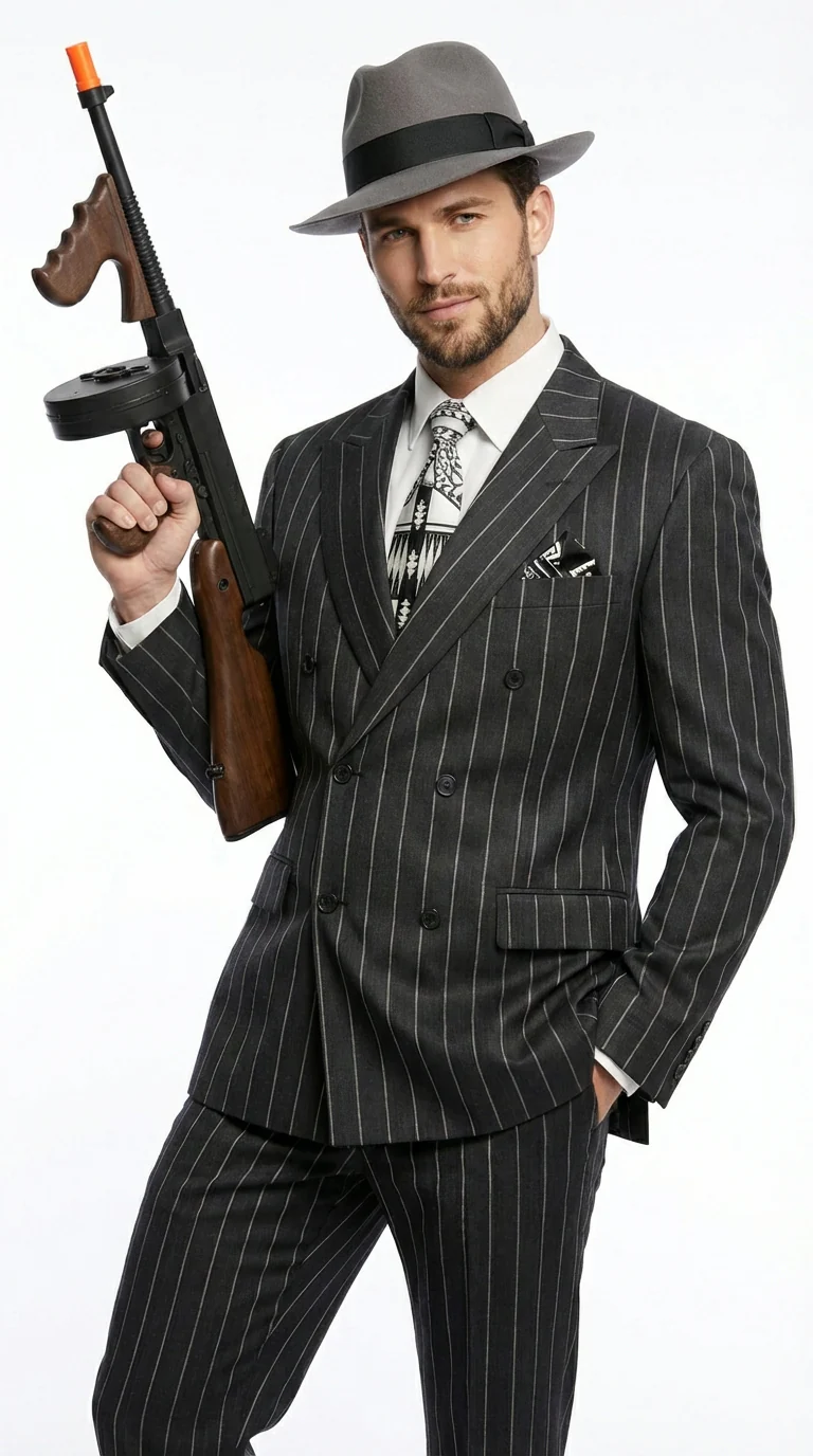 Mens Black Pinstripe AI Capone Suit β Vintage 1920s Gangster Style Two Piece Formal Suit - Image 6