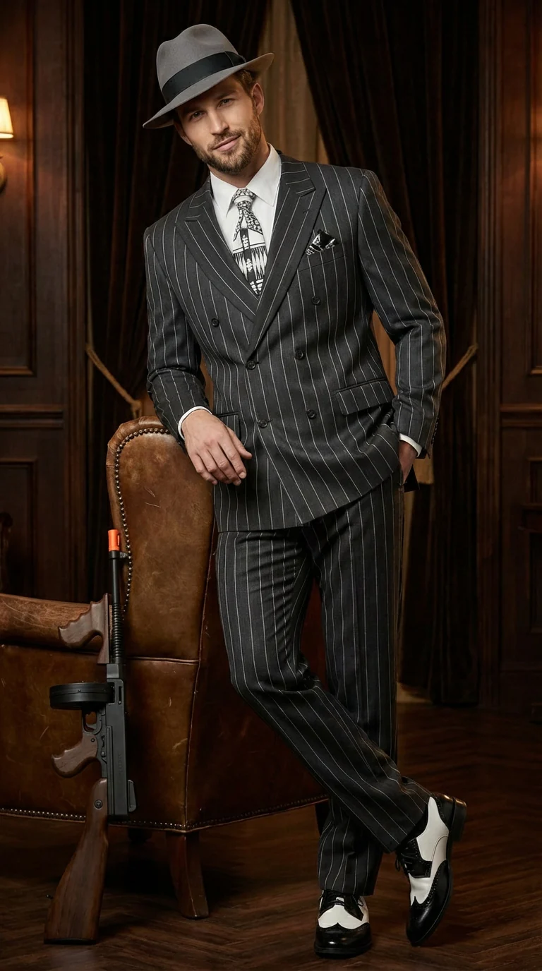 Mens Black Pinstripe AI Capone Suit β Vintage 1920s Gangster Style Two Piece Formal Suit - Image 7