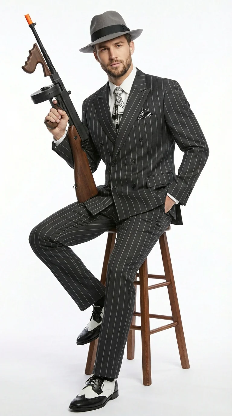 Mens Black Pinstripe AI Capone Suit β Vintage 1920s Gangster Style Two Piece Formal Suit - Image 8