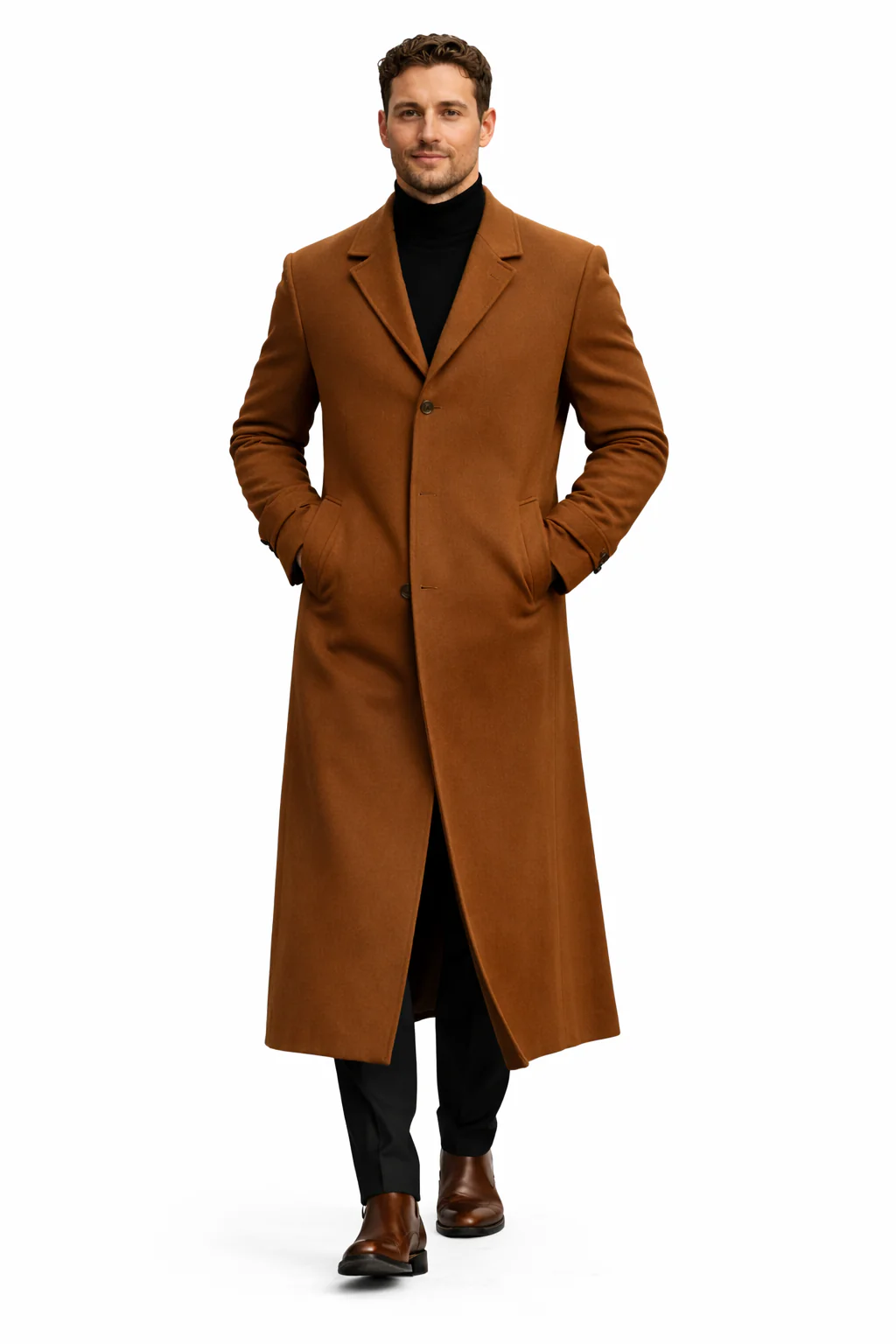 Men's Black Single Breasted Full Length Top Coat Seattle Men's Cognac Single Breasted Full Length Top Coat Seattle - Image 4