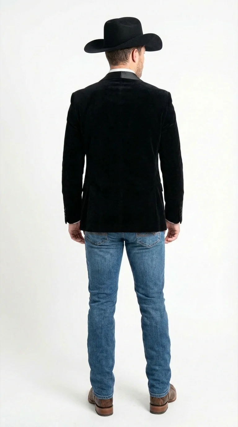 Mens Black Velvet Cowboy Blazer – Western Formal Jacket with Satin Lapel - Image 2