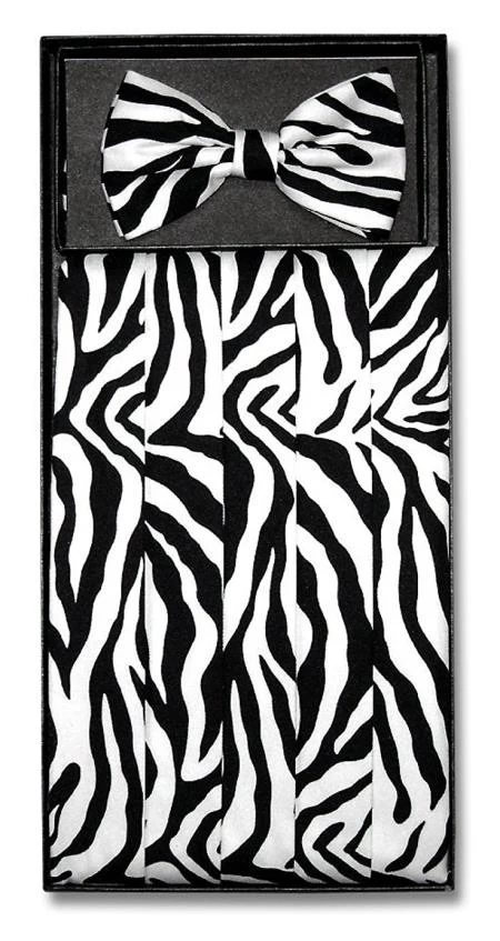 Men's Black/White Zebra Skin Design Polyester Bowtie & Matching Cummerbund