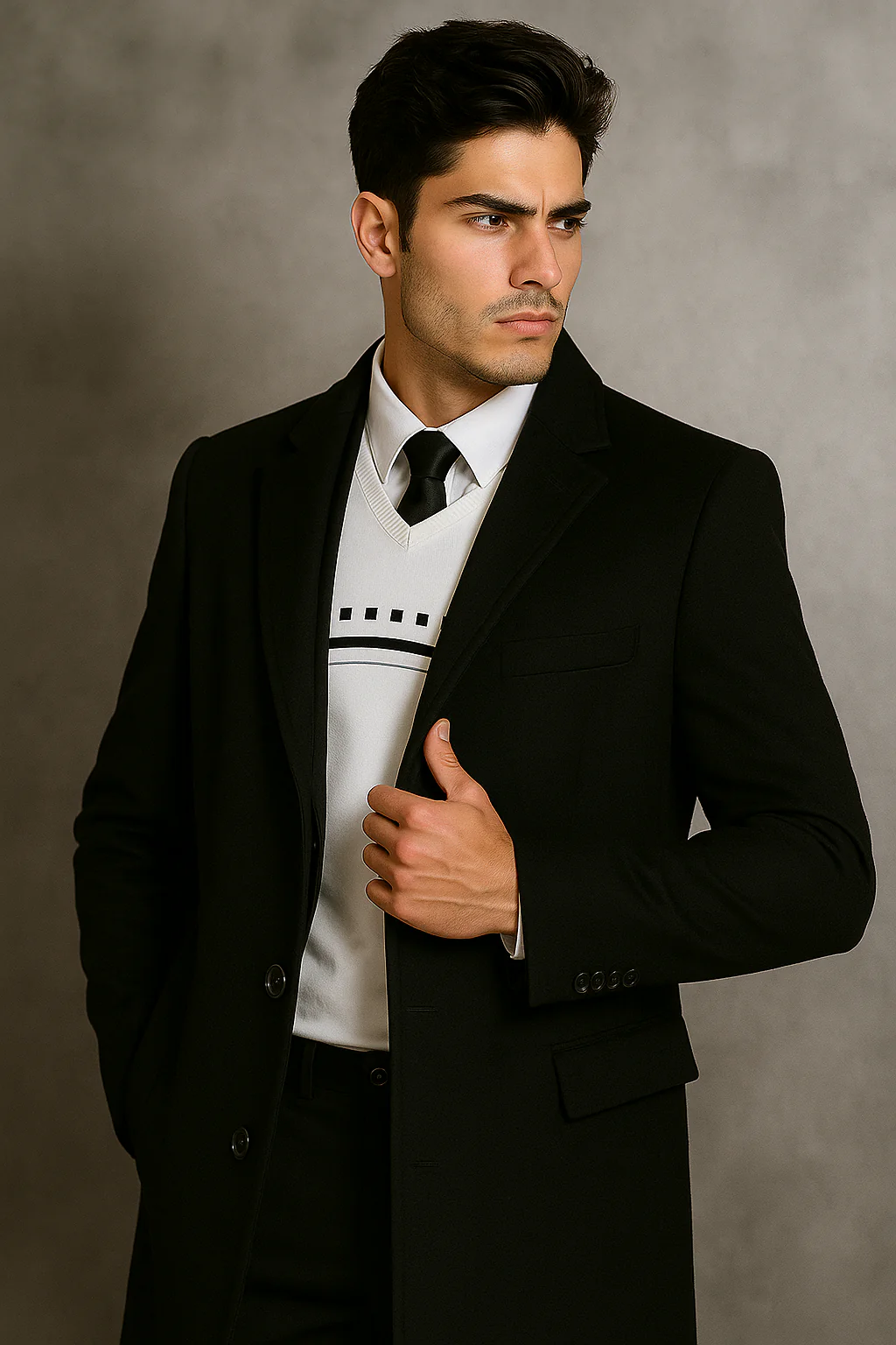 Men's Black Wool Overcoat – Big & Tall Dress Topcoat in Dark Color - Image 3