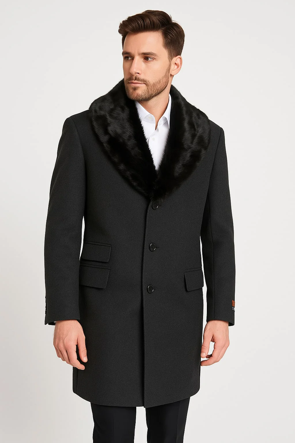 Mens Black Wool Overcoat with Black Faux Fur Collar β Luxury Winter Dress Coat