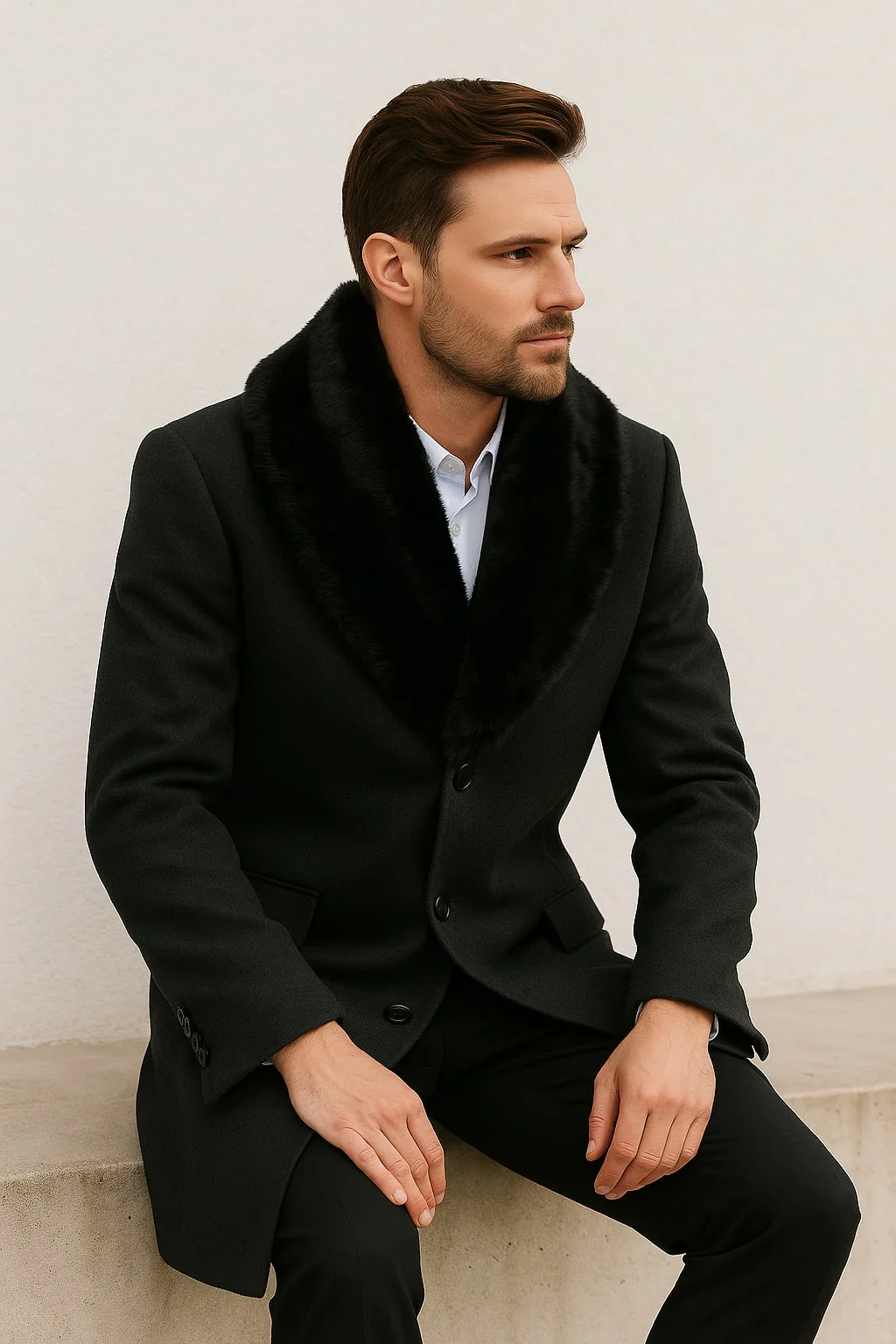 Mens Black Wool Overcoat with Black Faux Fur Collar β Luxury Winter Dress Coat - Image 2