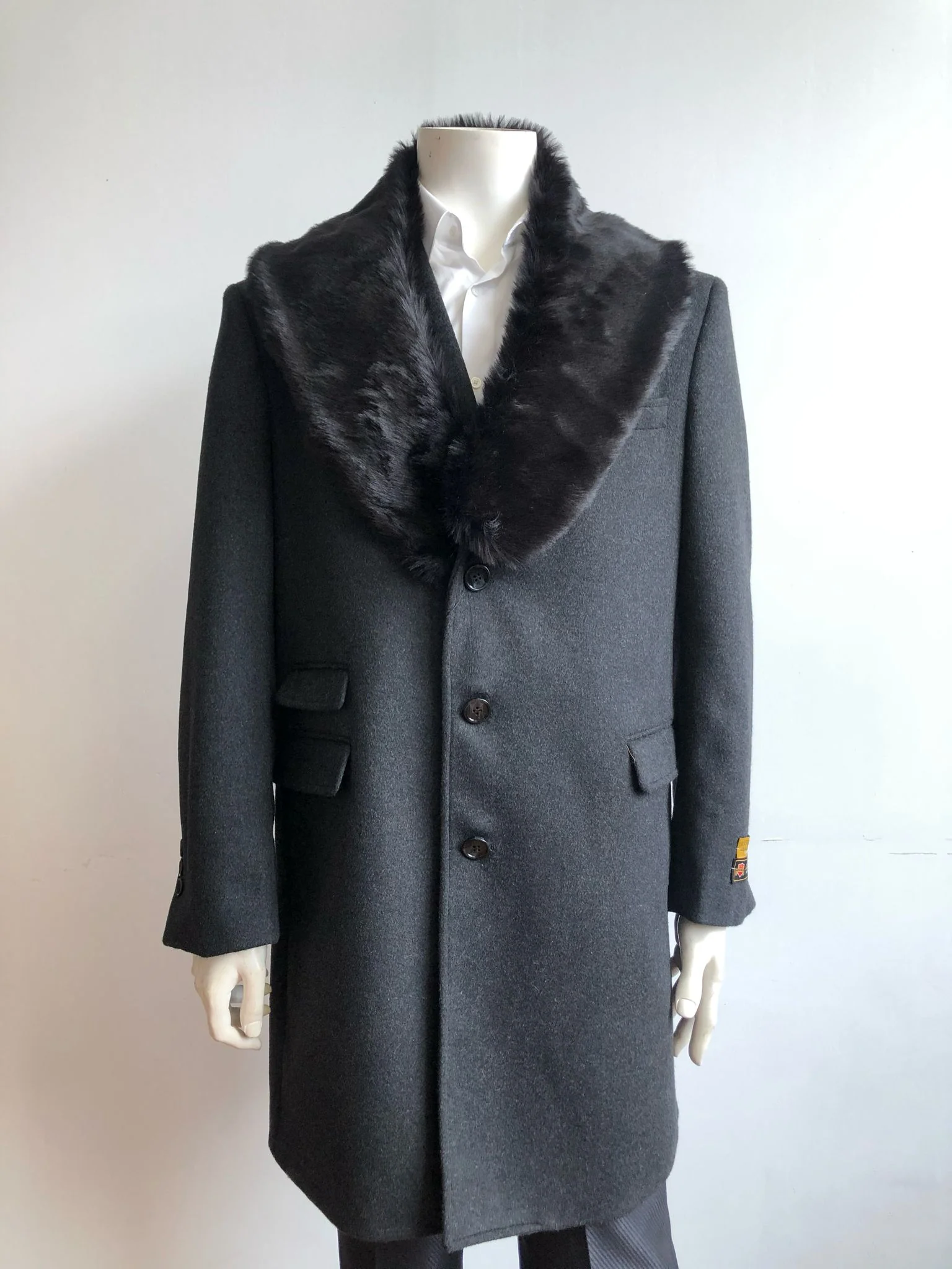 Mens Black Wool Overcoat with Black Faux Fur Collar β Luxury Winter Dress Coat - Image 3