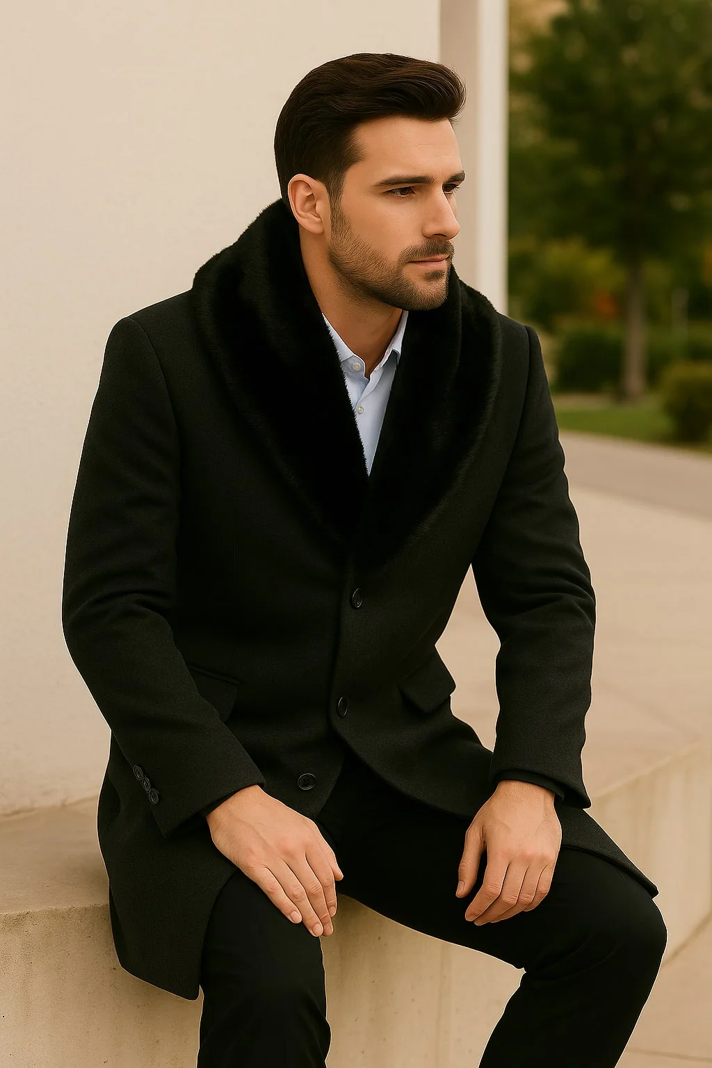 Mens Black Wool Overcoat with Black Faux Fur Collar β Luxury Winter Dress Coat - Image 4