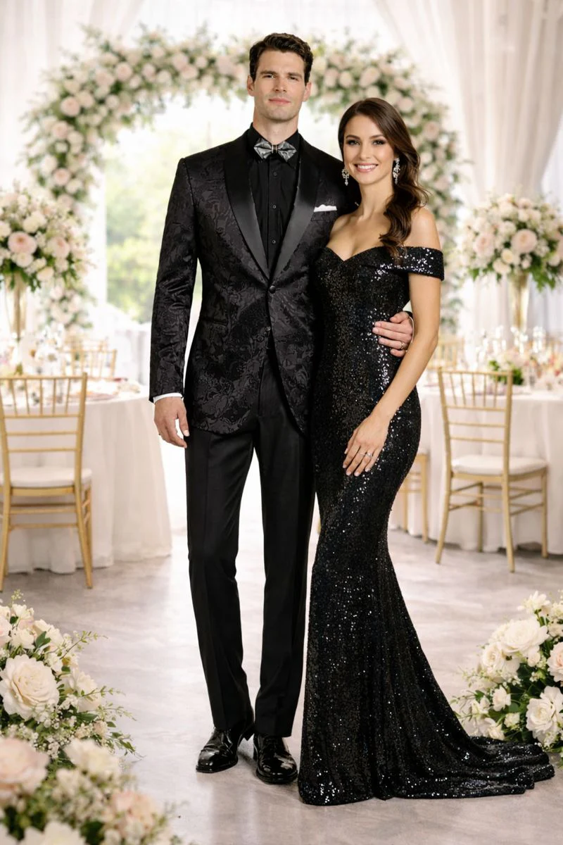 Mens Blazer - Paisley Sport Coat - Black Prom Tuxedo Dinner Jacket Blazer + Pants + Bowtie - Image 6