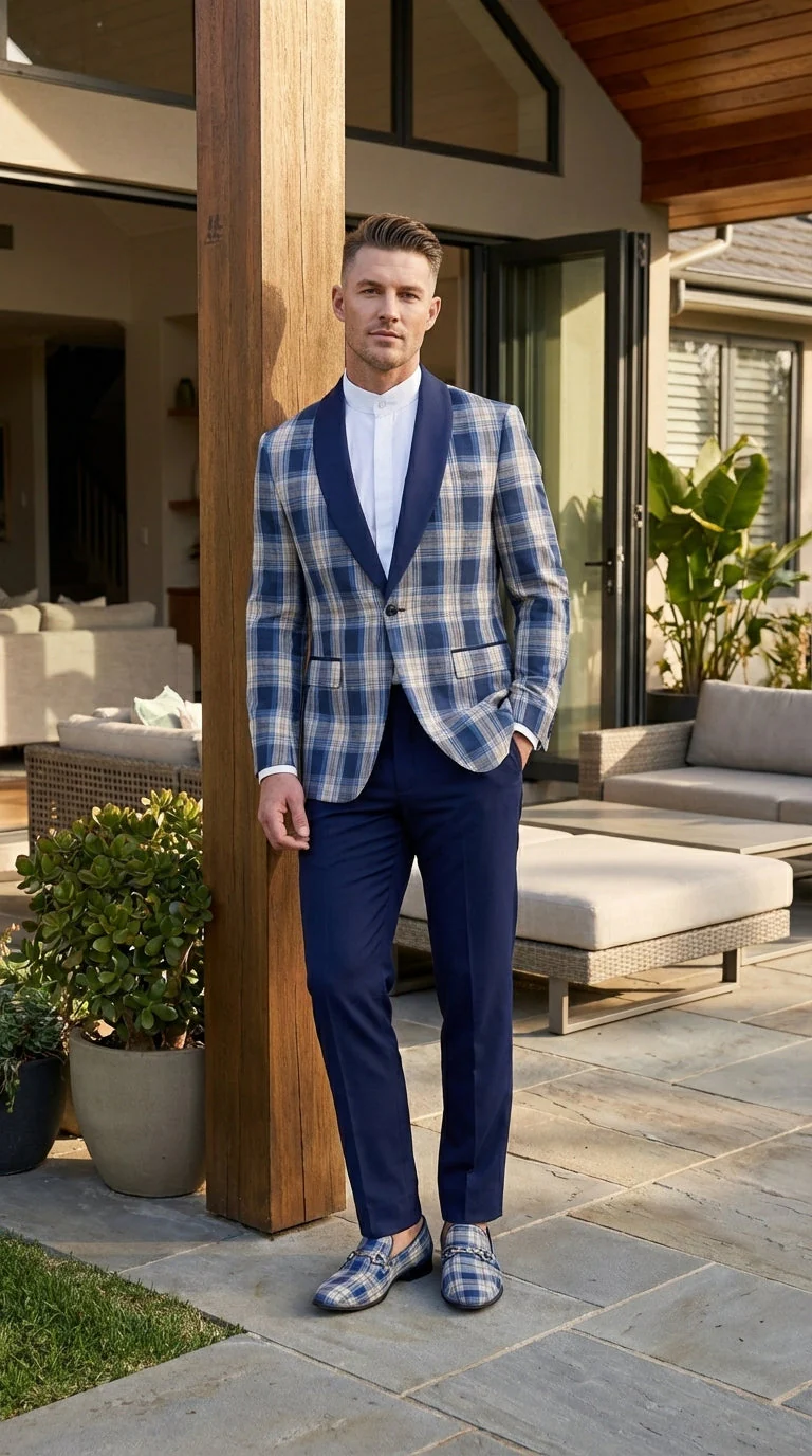 Mens Blue and White - Royal Plaid Tuxedo Suit Set – Checkered Prom Suit with Navy Pants Christmas Holiday New Year Jacket - Image 11