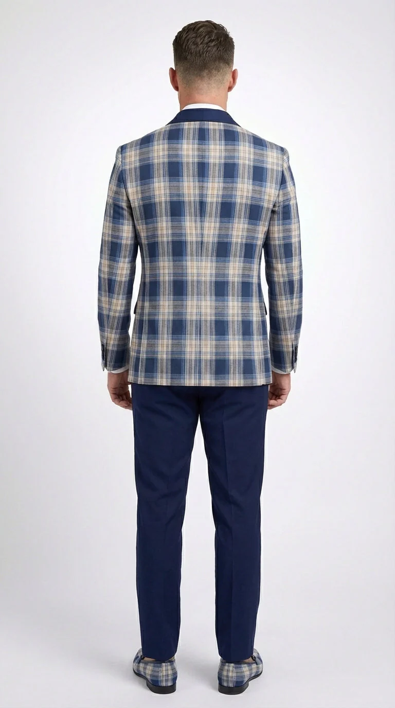 Mens Blue and White - Royal Plaid Tuxedo Suit Set – Checkered Prom Suit with Navy Pants Christmas Holiday New Year Jacket - Image 4