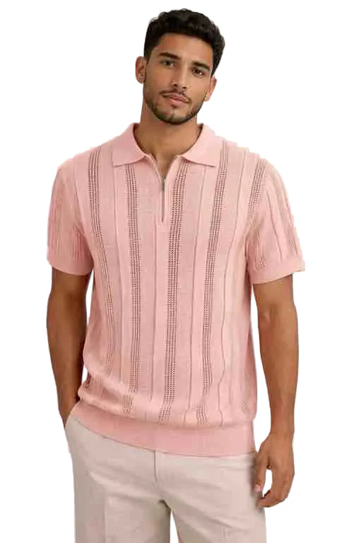 Mens Blush Pink Textured Knit Polo Shirt – Short Sleeve Zip Neck Summer Casual Top