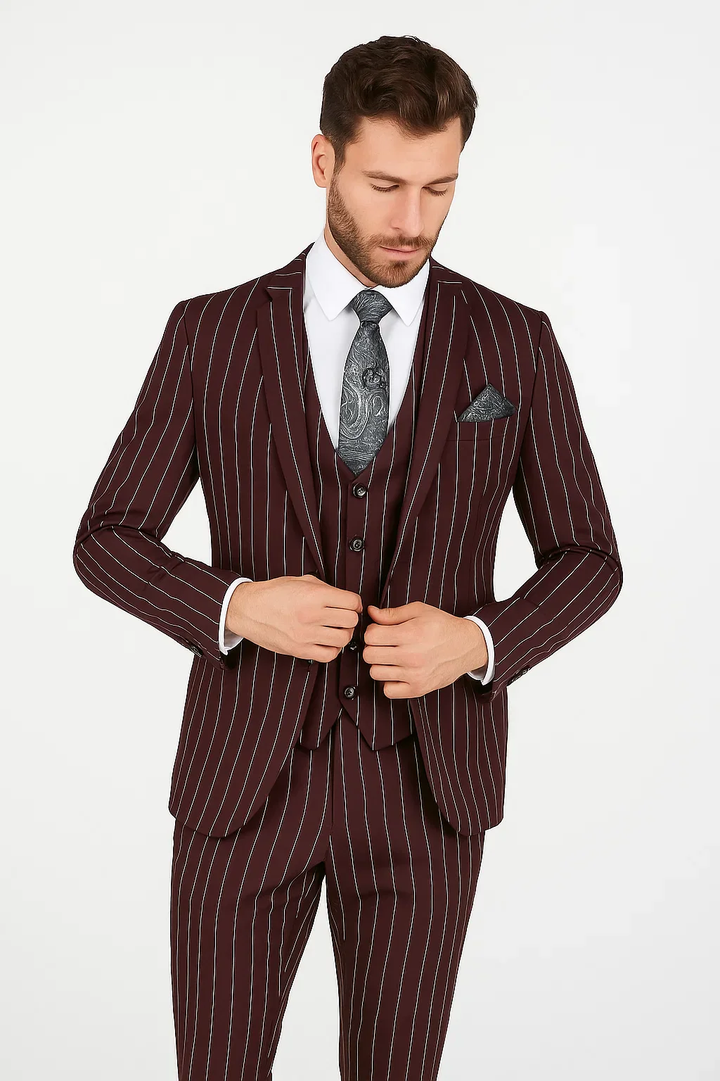 Men's Bold Gangster 1920s Burgundy Suit Vintage Dark Burgundy ~ White Gangster Bold Stripe 2 Buttons Vested Suit Black and Bold White Stripe (MO845) - Image 3