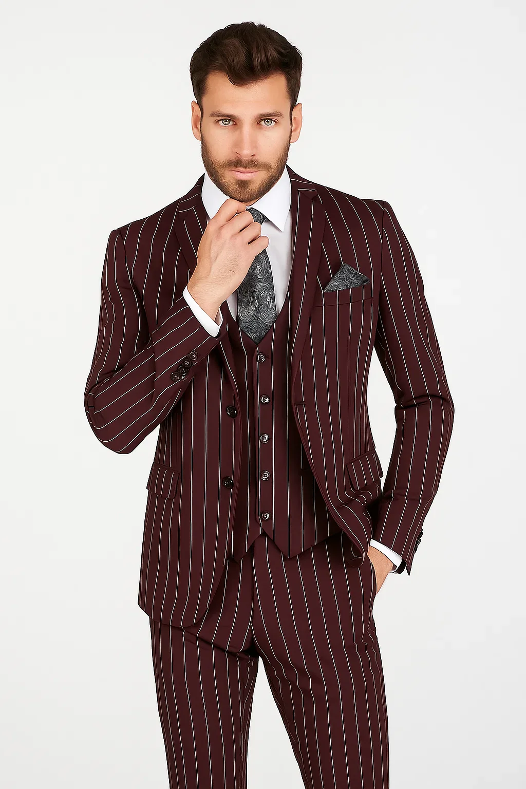 Men's Bold Gangster 1920s Burgundy Suit Vintage Dark Burgundy ~ White Gangster Bold Stripe 2 Buttons Vested Suit Black and Bold White Stripe (MO845) - Image 5