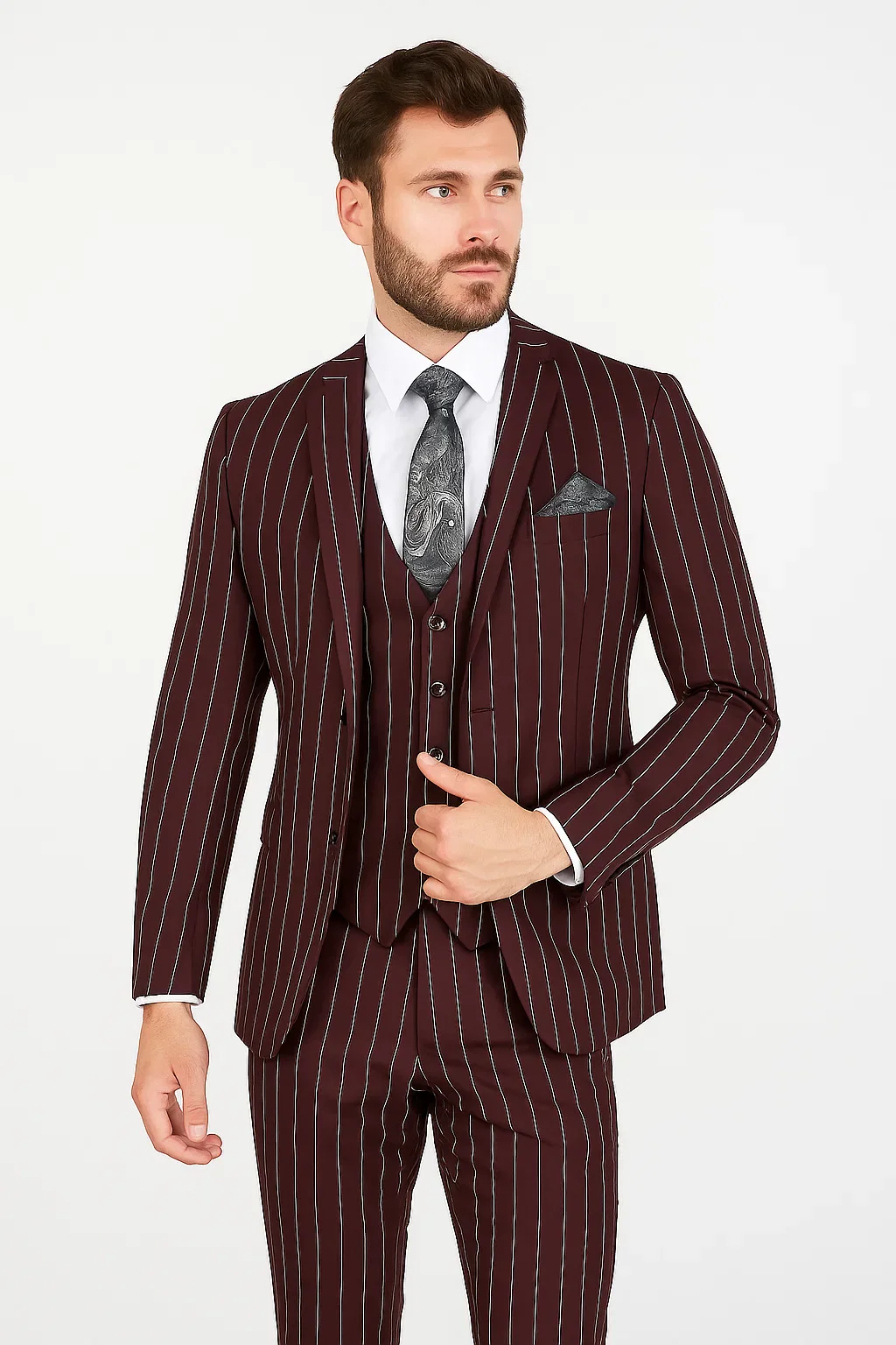 Men's Bold Gangster 1920s Burgundy Suit Vintage Dark Burgundy ~ White Gangster Bold Stripe 2 Buttons Vested Suit Black and Bold White Stripe (MO845) - Image 6
