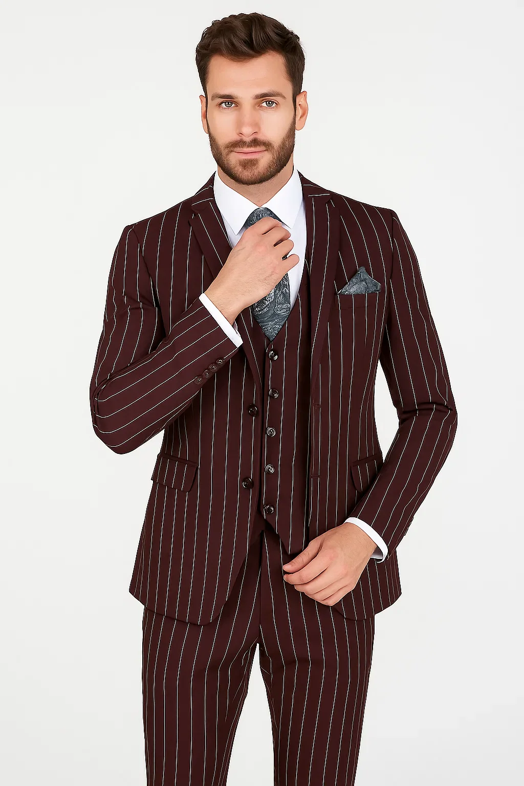Men's Bold Gangster 1920s Burgundy Suit Vintage Dark Burgundy ~ White Gangster Bold Stripe 2 Buttons Vested Suit Black and Bold White Stripe (MO845) - Image 7