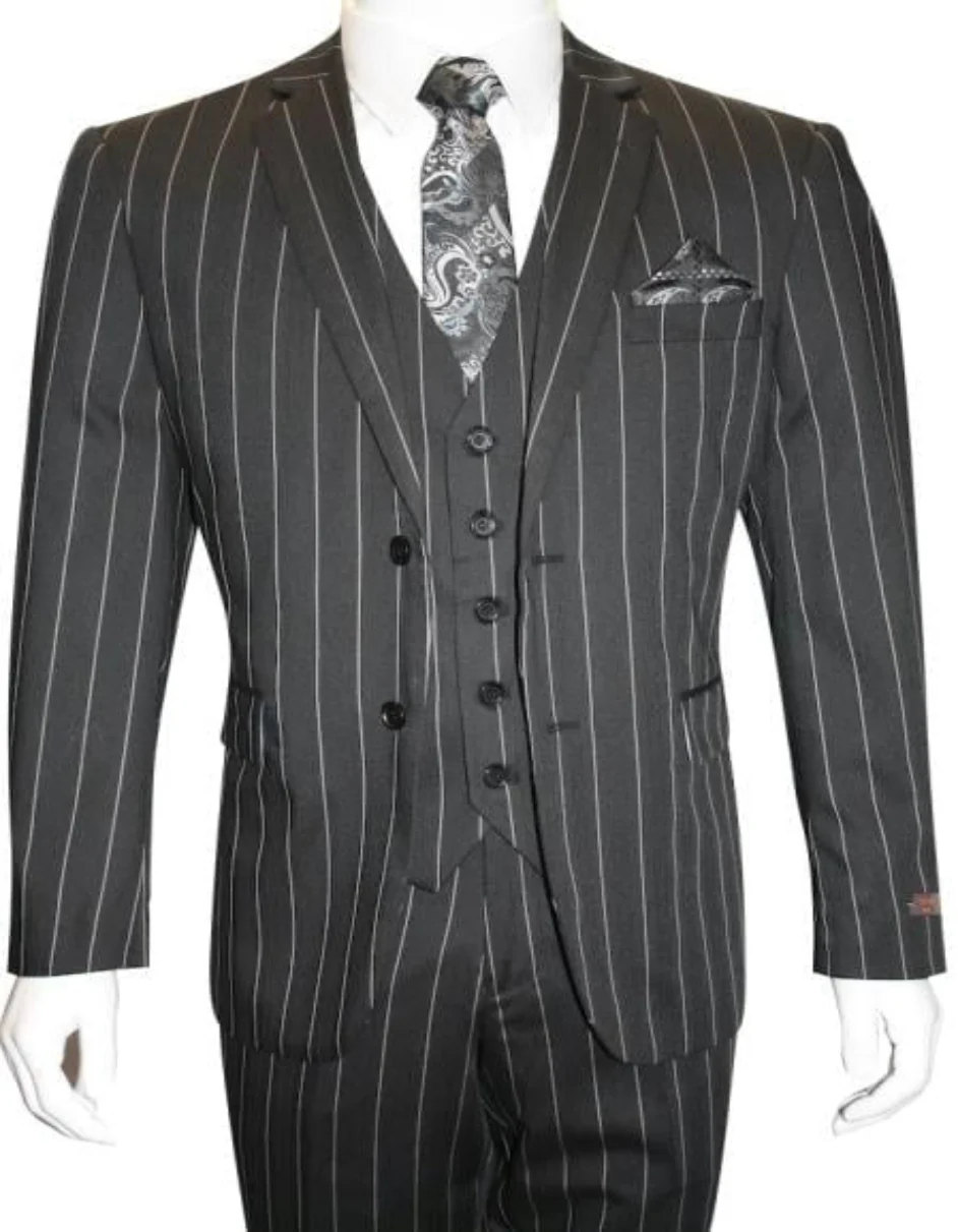 Men'S Bold Gangster 1920s Vintage Black And White Gangster Bold Stripe 2 Buttons Vested Suits
