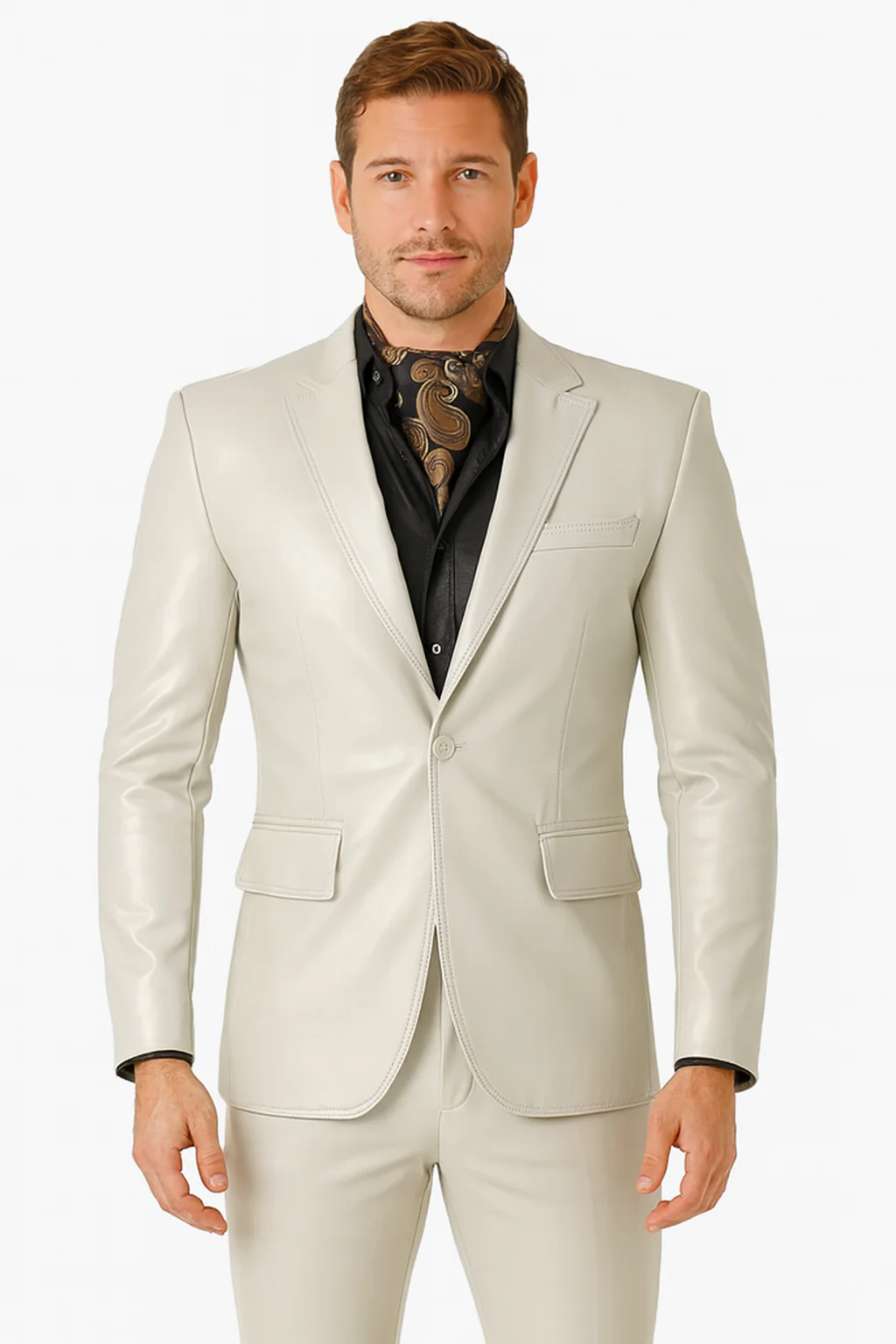 Mens Bone Slim Fit Faux Leather Suit – 1 Button Notch Lapel