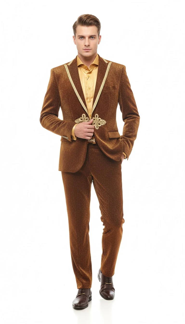 Mens Bronze Shiny Velvet Suit β Designer Party and Wedding Wear Blazer and Pant Set Brown and Gold Tuxedo - Image 3