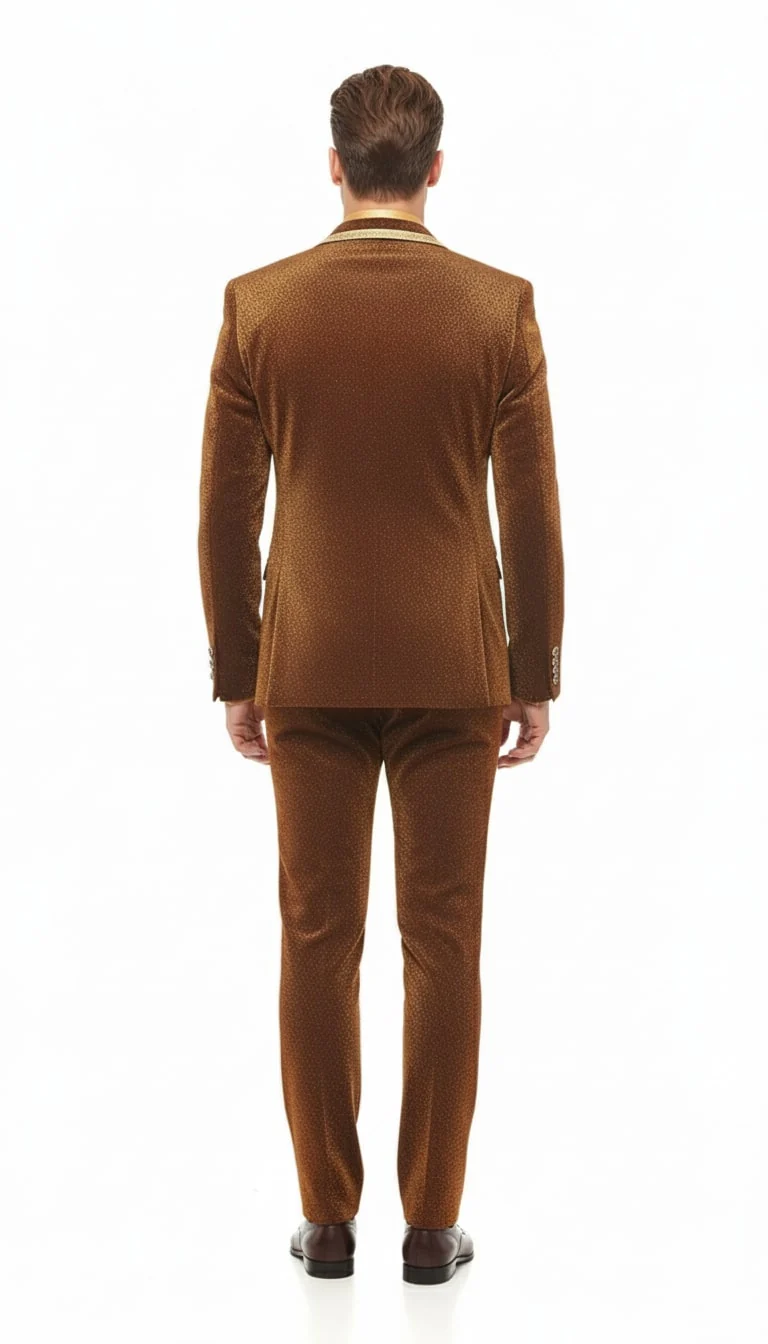 Mens Bronze Shiny Velvet Suit β Designer Party and Wedding Wear Blazer and Pant Set Brown and Gold Tuxedo - Image 4