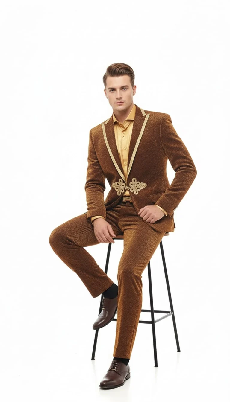Mens Bronze Shiny Velvet Suit β Designer Party and Wedding Wear Blazer and Pant Set Brown and Gold Tuxedo - Image 5