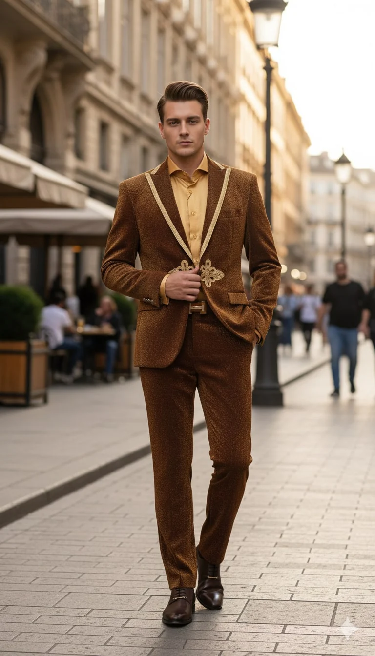 Mens Bronze Shiny Velvet Suit β Designer Party and Wedding Wear Blazer and Pant Set Brown and Gold Tuxedo - Image 6