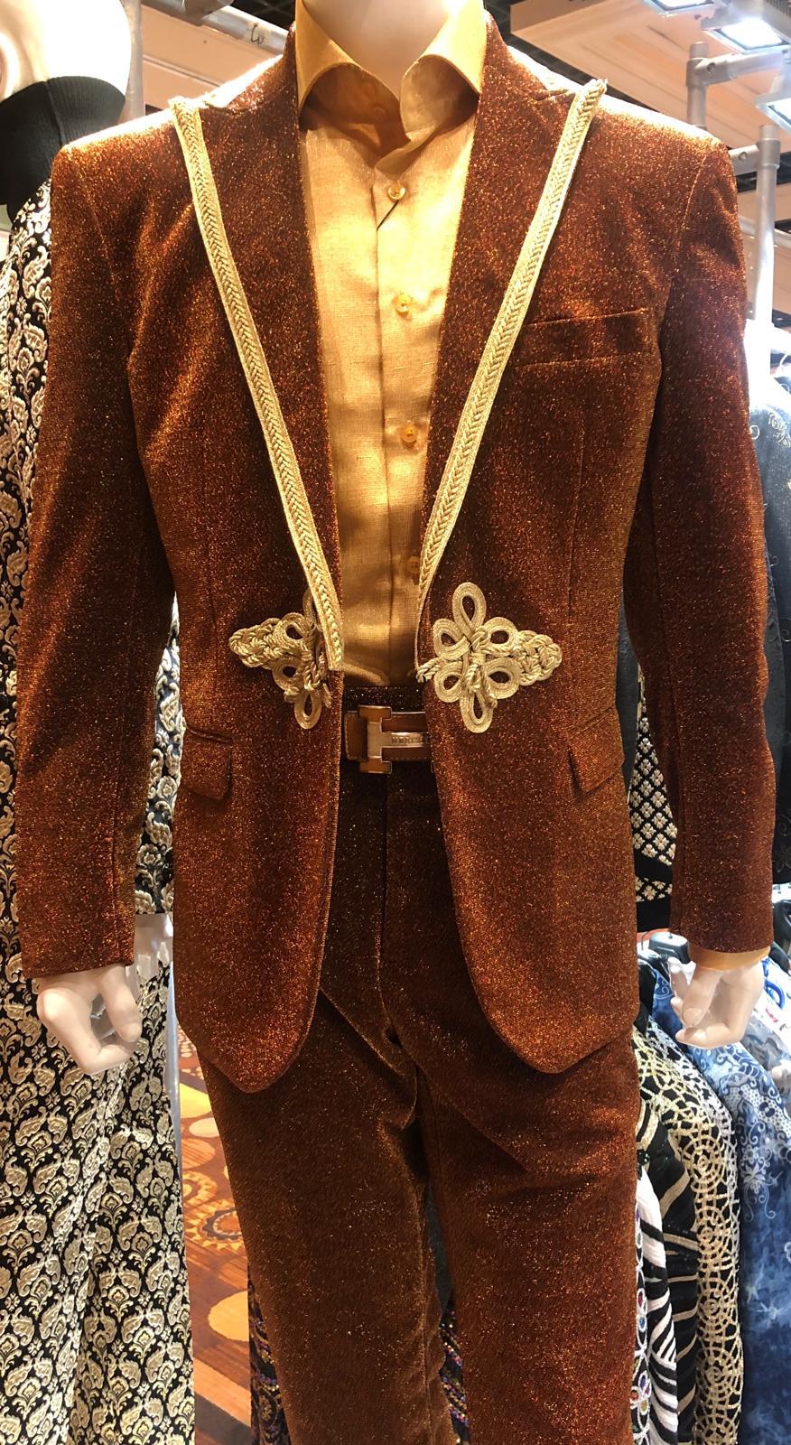 Mens Bronze Shiny Velvet Suit β Designer Party and Wedding Wear Blazer and Pant Set Brown and Gold Tuxedo - Image 7