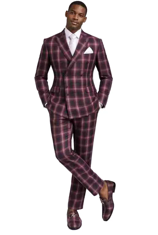 Mens Burgundy Plaid Slim Fit Double-Breasted Suit β Premium Formal Wedding and Party Wear