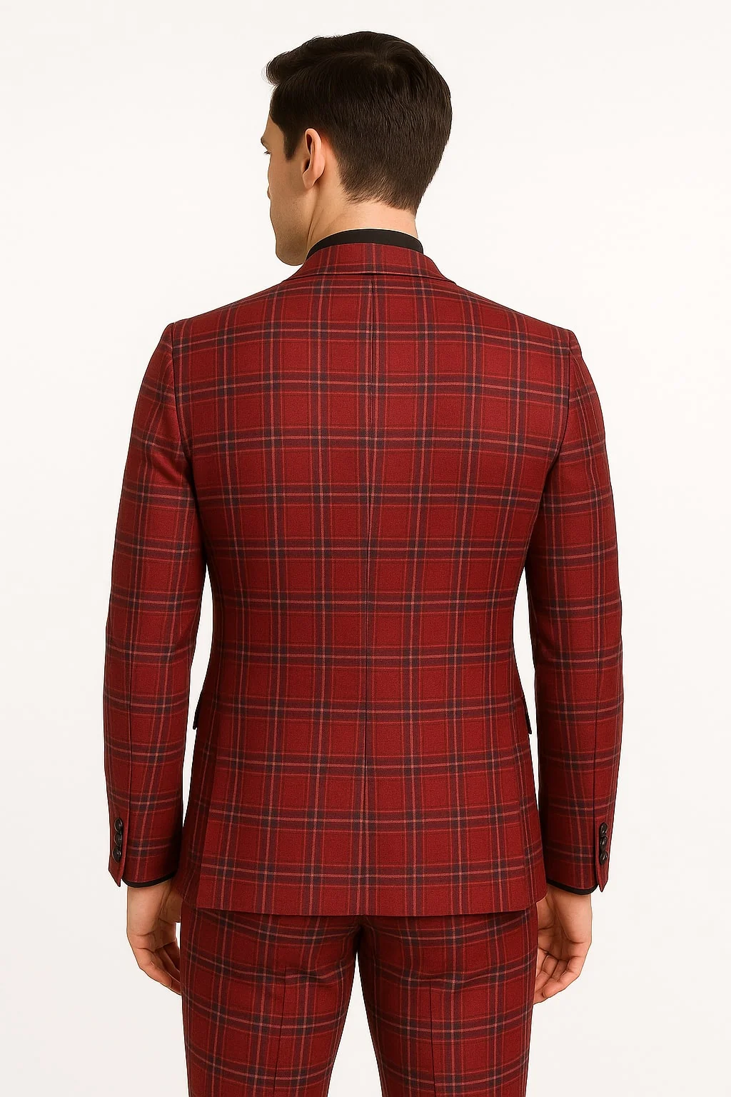 Mens Burgundy Plaid Three-Piece Suit – Ultra Slim Fit Checkered Windowpane Redish 544-10 - Image 2