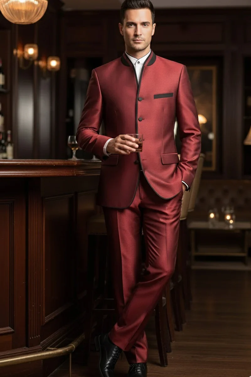 Mens Burgundy Sharkskin Mandarin Collar Tuxedo - 2 Piece Slim Fit Luxury Set - Image 11